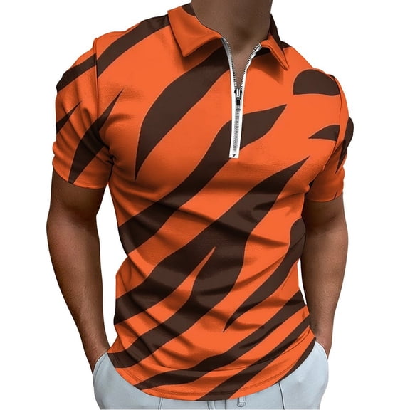Wild Tiger Stripe Pattern Men Zipper T-shirt Summer Casual Short Sleeve T-shirt Top