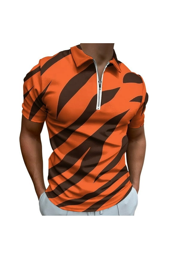 Wild Tiger Stripe Pattern Men Zipper T-shirt Summer Casual Short Sleeve T-shirt Top