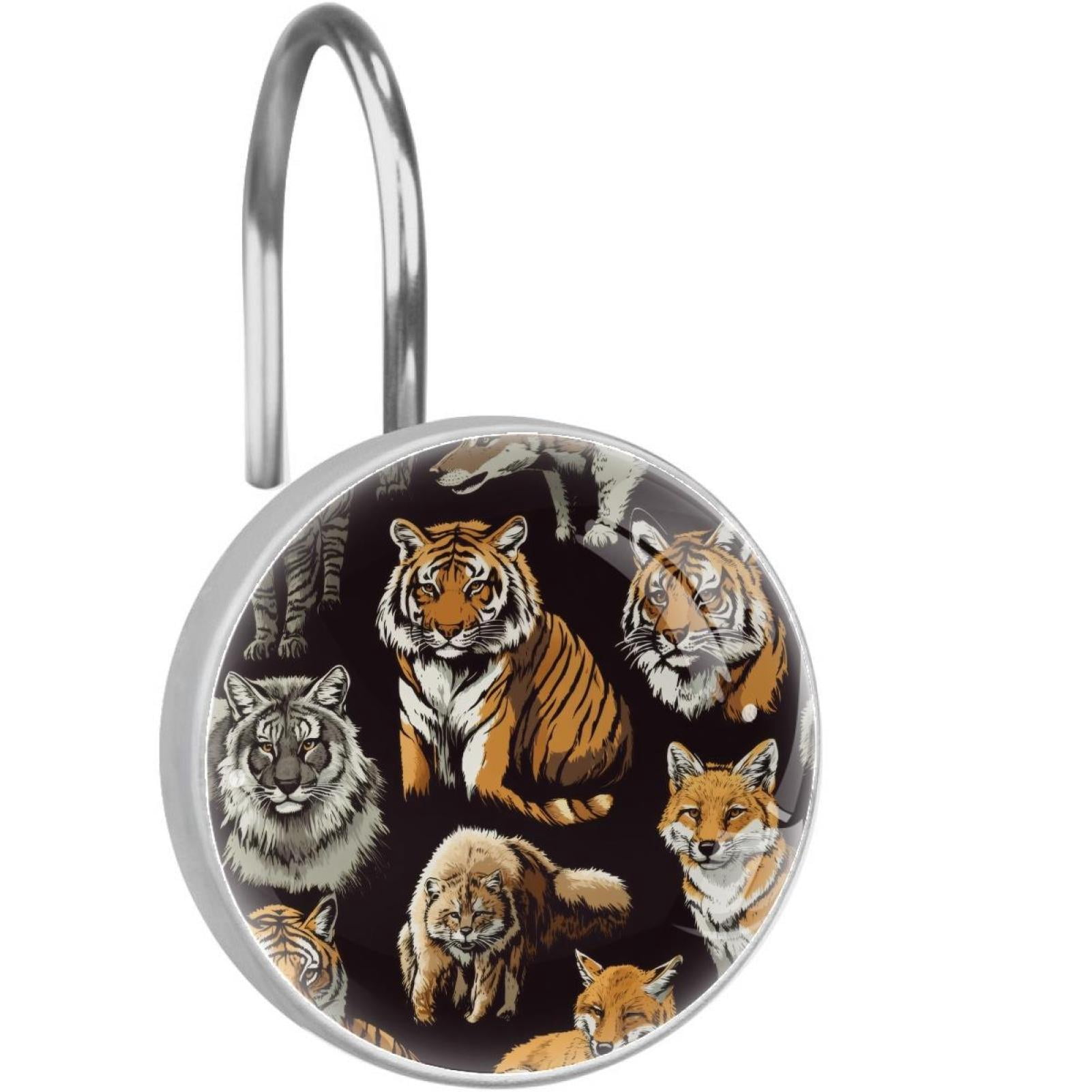 Wild Tigers Foxes Shower Curtain Hooks Round Crystal Glass, Set of 12 Shower Curtain Rings - Shower Hooks for Curtain Shower Rings