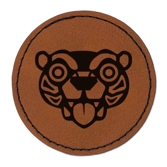 Wild Tribal Bear Face 2.5" Faux Leather Round Engraved Iron-On Patch - Brown