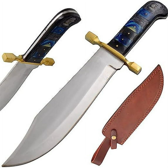 Wild Turkey Handmade 15'' Black and Blue Wood Handle Bowie Knife with Leather Sheath