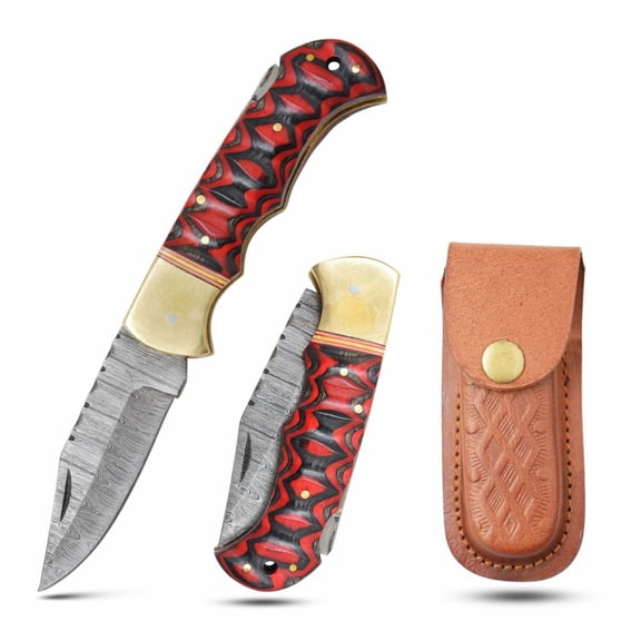 Wild Turkey Handmade 6.5" Damascus Folding Knife Wood & Gold Bolster
