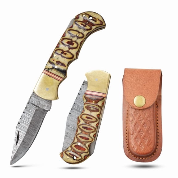 Wild Turkey Handmade 6.5" Damascus Folding Knife Wood & Gold Bolster