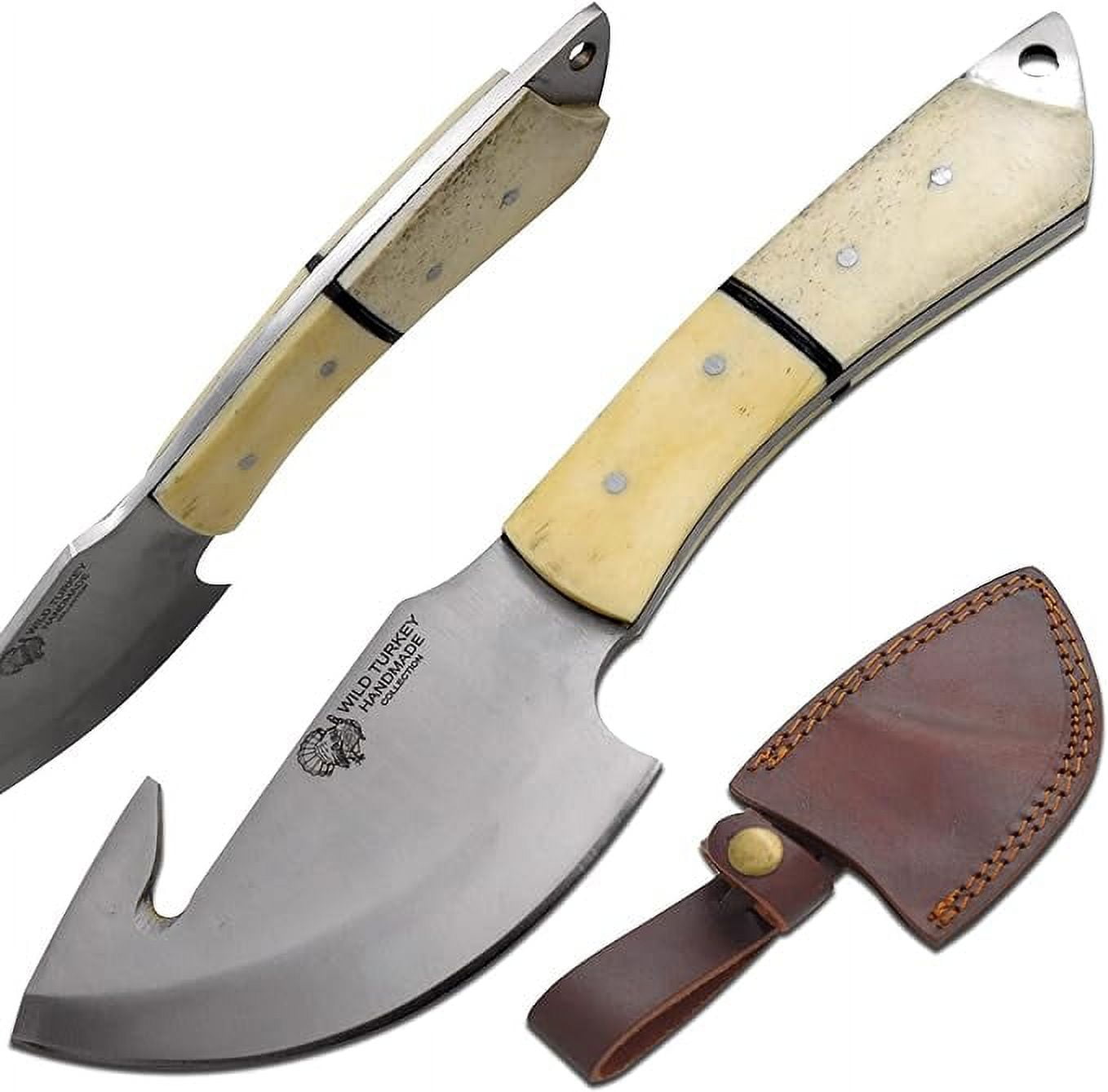 Wild Turkey Handmade 9.5" Bone Handle Gut Hook Skinner Knife with Leather Sheath