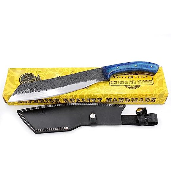 Wild Turkey Handmade Collection 17'' Fixed Blade Bushcraft Hunting Knife w/Leather Sheath (Blue)