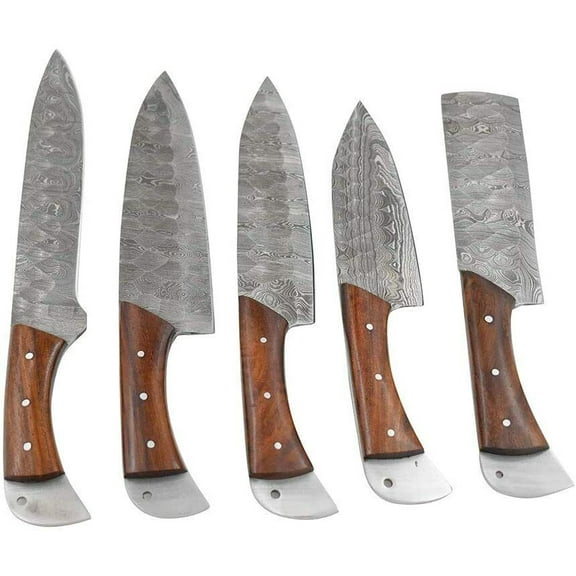 Wild Turkey Handmade Damascus 5pc Kitchen Chef Knife Gaming Set Full Tang Blades