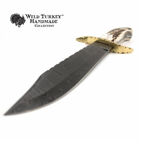 Wild Turkey Handmade Damascus Collection Fixed Blade Stag Handle Hunting Knife