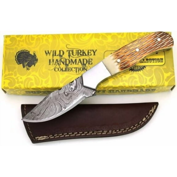 Wild Turkey Handmade Damascus Collection Full Tang Bone Handle Fixed Blade Knife