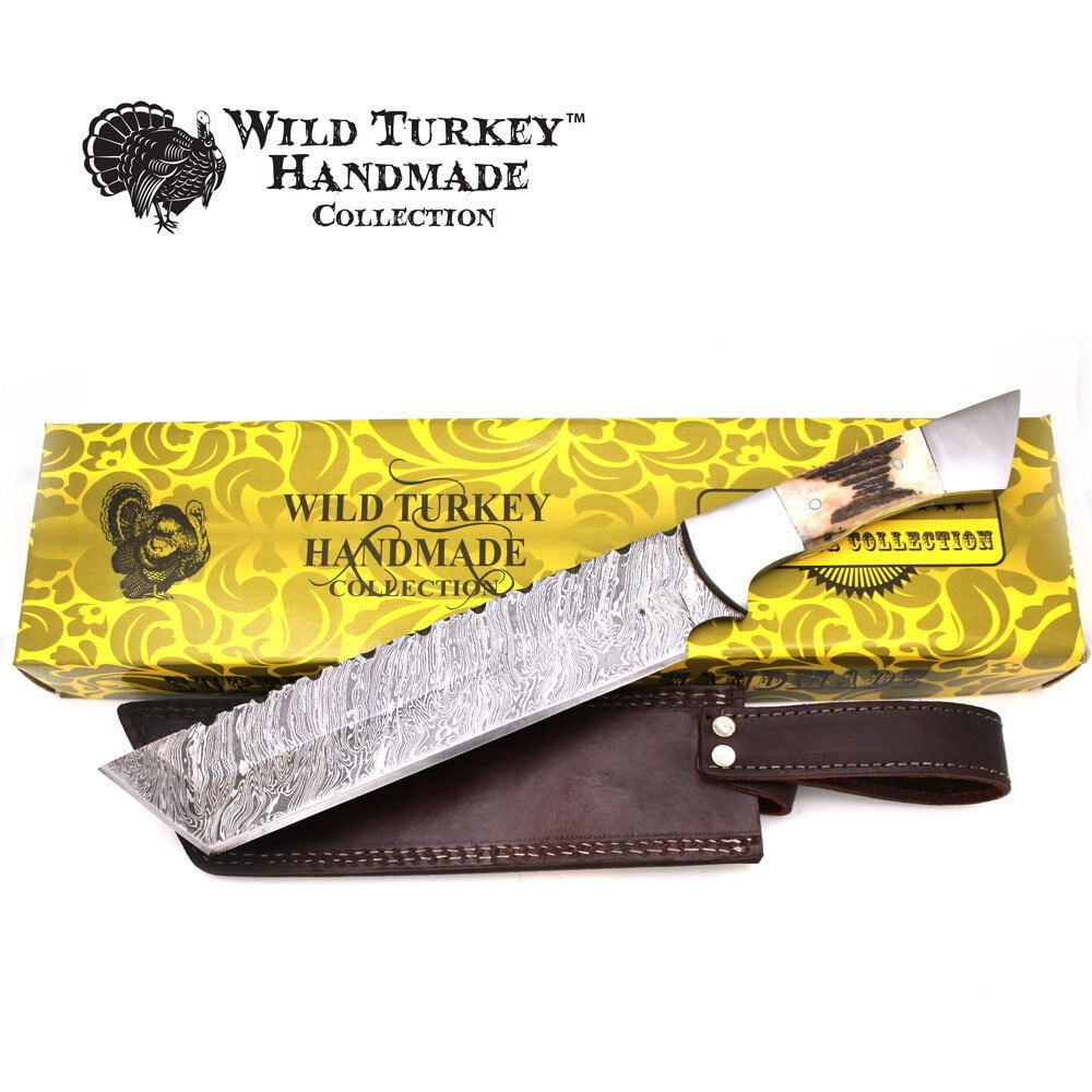 Wild Turkey Handmade Damascus Fixed Blade Hunting Knife w/ Leather Sheath