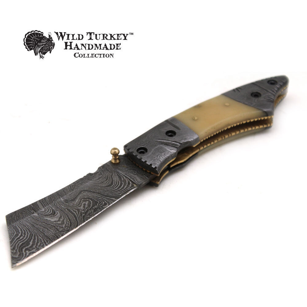 Wild Turkey Handmade Damascus Steel Collection Razor Style Folding Knife