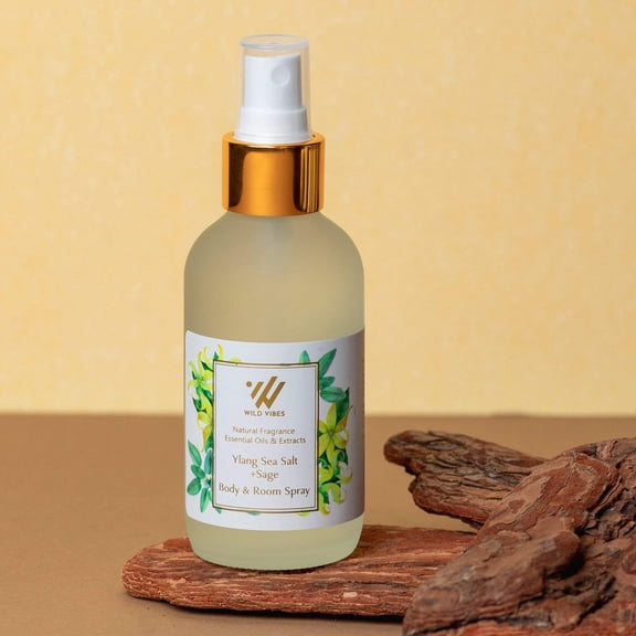 Wild Vibes Body & Room Spray Collection – Natural Dual-Use Aromatherapy Mist with Essential Oils – Ylang Line – 4 oz & 120ml Glass Bottles (Ylang Sea Salt and Sage)