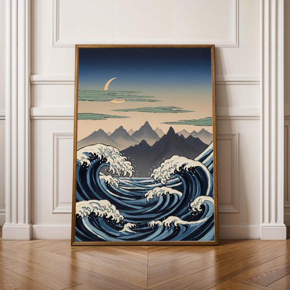 Wild Waves And Distant Peaks Poster Ukiyo E Inspired, Navy And Dusty Blue, Crescent Moon, Poster Only
