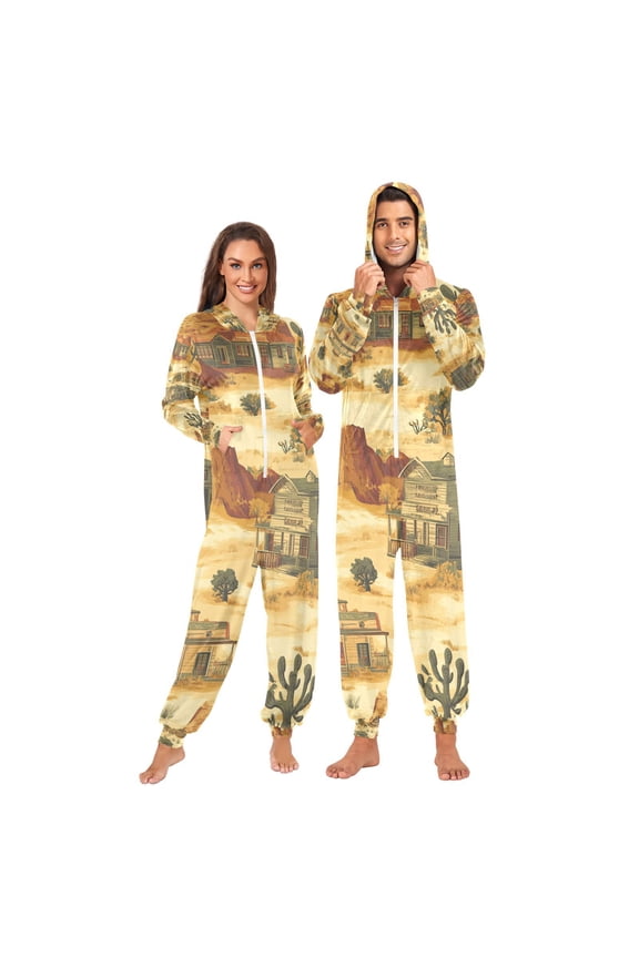 Wild West Adult Onesie Pajamas Slim Fit Christmas One Piece Suit Pjs for Women and Men Hooded Zipper
