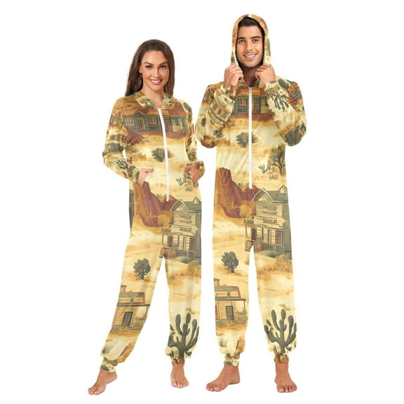Wild West Adult Onesie Pajamas Slim Fit Christmas One Piece Suit Pjs for Women and Men Hooded Zipper