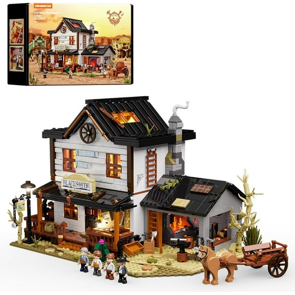Wild West Blacksmith Lighting Building-Bricks Set - Western Forge House 2042 Pcs Collection Display Set for West Lovers