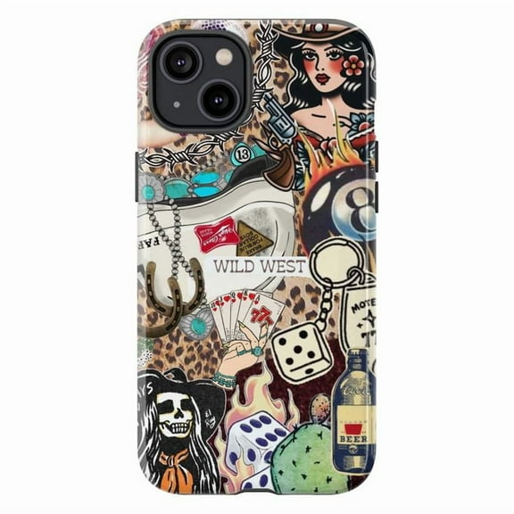 Wild West Collage Phone Case, Vintage Cowboy & Tattoo Art iPhone Cover, Retro Western Aesthetic Protective Case for iPhone 17 16 15 14 13 12 11 Pro Plus Max Mini