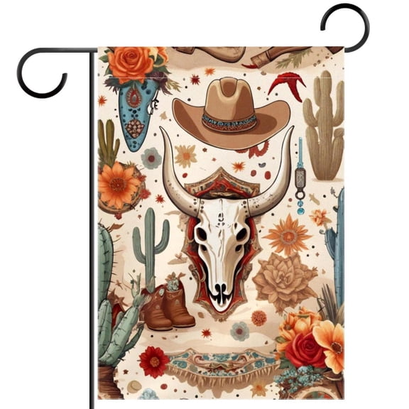Wild West Cowboy Boot Animal Skull Cacti Arrows Garden Flag Double Sided House Flag for Outdoor Home, Personalized All Year Round Yard Decor 12 x 18 Inch