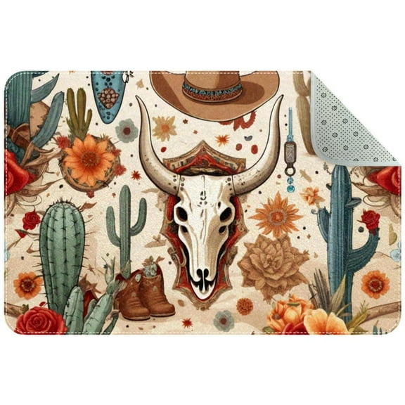 Wild West Cowboy Boot Animal Skull Cacti Arrows Small Area Rug, Non-Slip Door Mat Indoor Floor Mat, Washable Kitchen Rug Entrance DMat for Bedroom Living Room