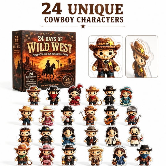 Wild West Cowboy Christmas Advent Calendar 2026 with 24 Unique 2D Figurines, 24-Pack, Rugged Frontier Design, for Boys, Collectible Toy