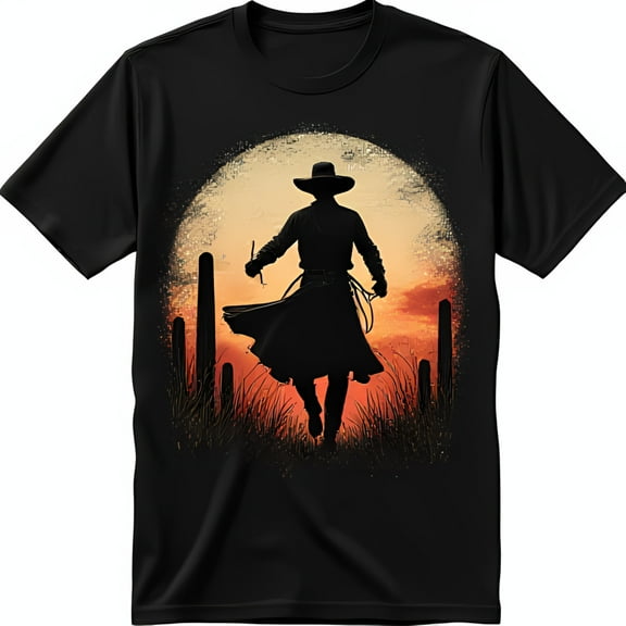 Wild West Cowboy Graphic Black T-Shirt Sunset Desert Scene