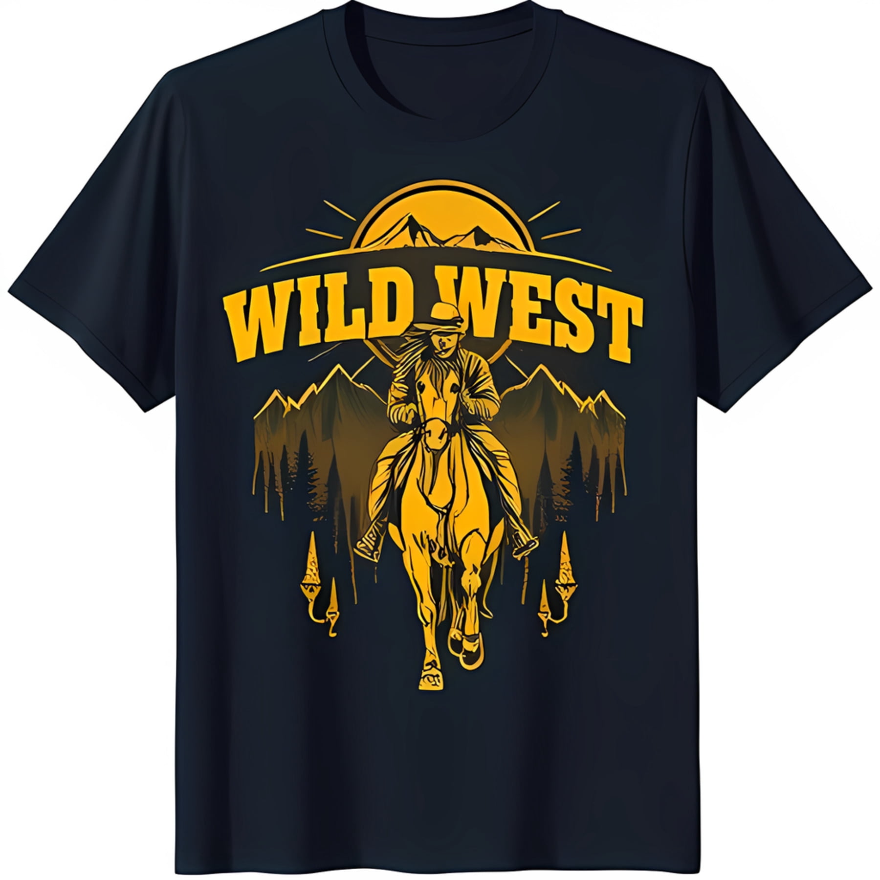 Yellow Riding Shirt Wild West Cowboy Riding Horse Graphic T-Shirt Dark Blue with Yellow ...
