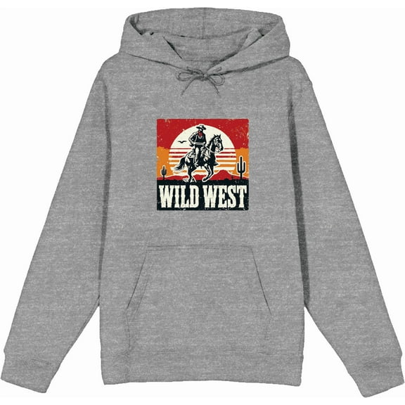 Wild West Cowboy Sunset Ride Adult Heather Gray Long Sleeve Hoodie-Medium