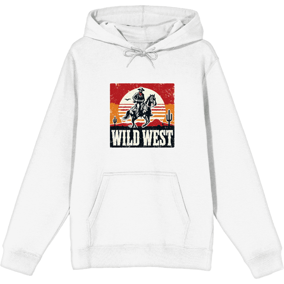 Wild West Cowboy Sunset Ride Adult White Long Sleeve Hoodie-Medium