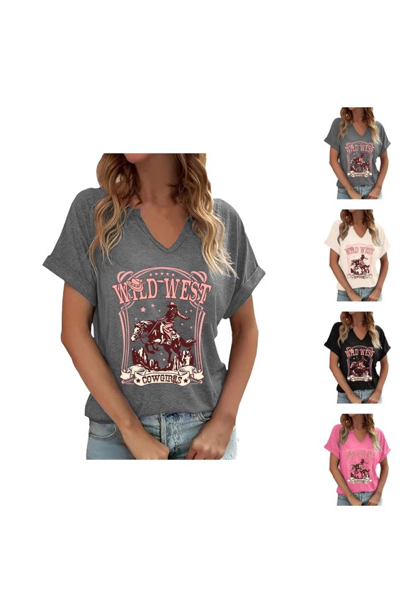 Wild West Cowgirls Graphic Tees for Women 2026 Summer Casual Short Sleeve V Neck T Shirts