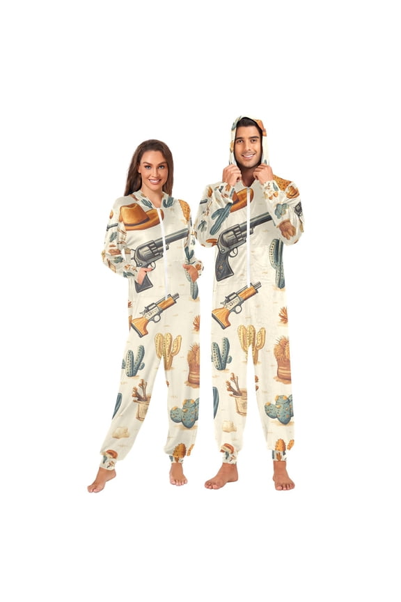Wild West Hats Cactus Adult Onesie Pajamas Slim Fit Christmas One Piece Suit Pjs for Women and Men Hooded Zipper