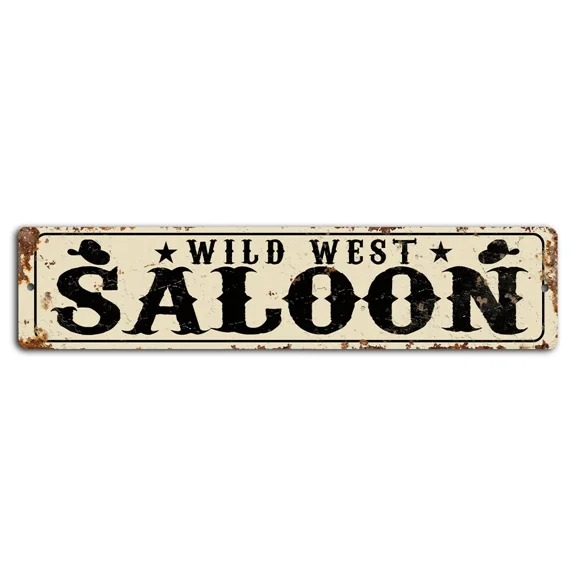 Wild West Saloon White Rustic Street Sign - 18X4 Inch Metal Bar Decor