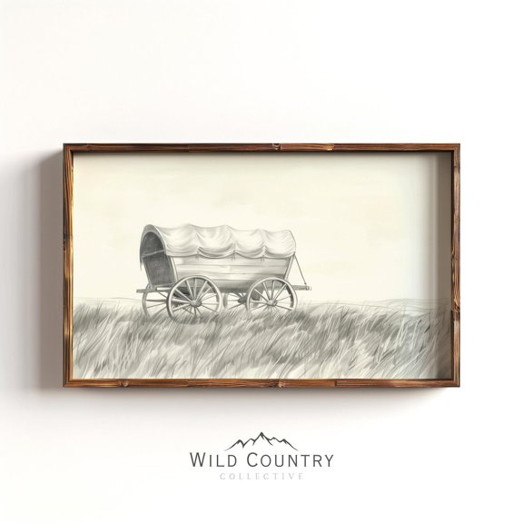 Wild West Sketch Drawing Covered Wagon Farmhouse Countryside Poster