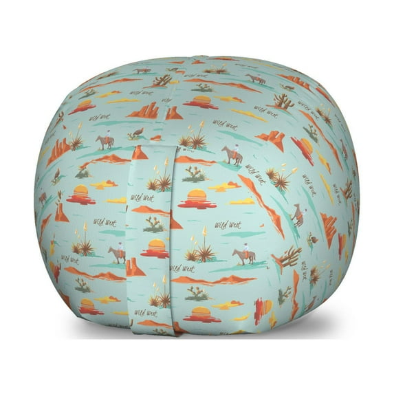 Wild West Storage Toy Bag Chair, Cactus Mountains Sunset and Cowboy, Stuffed Animal Organizer Washable Bag, Small Size, Pale Seafoam Multicolor, by Ambesonne
