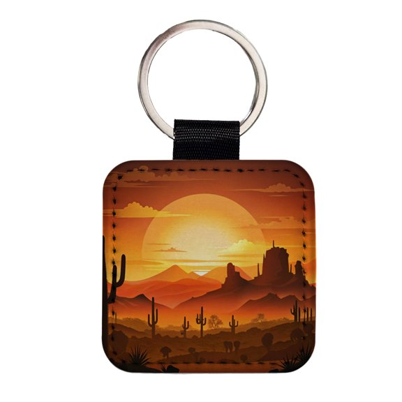 Wild West Sunset Southwest Landscape Silhouette Faux Leather Square Keychain