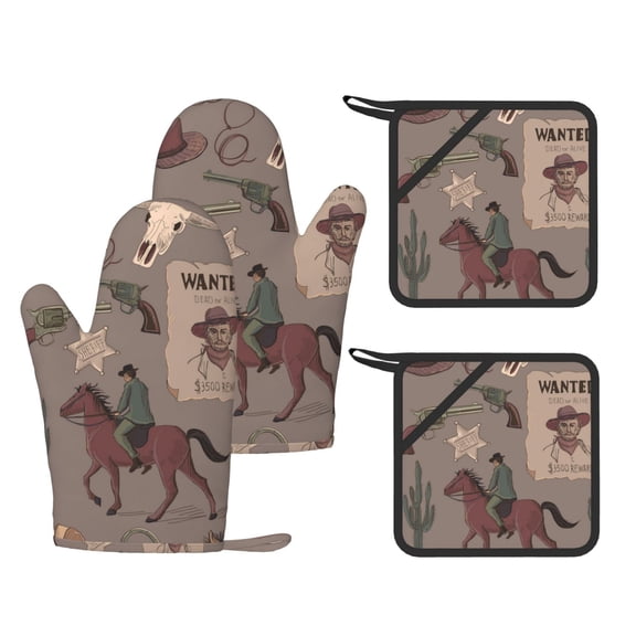 Wild West Wanted Poster 4-Piece Silicone Oven Gloves and Pot Holders Set Hot Pads for Kitchen Cooking BBQ Baking Chefs Cooks