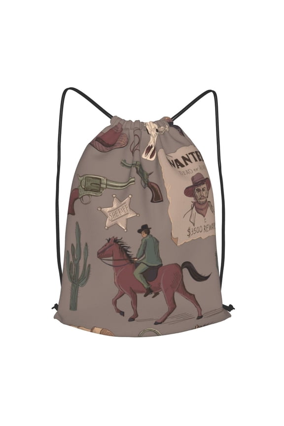 Wild West Wanted Poster Drawstring Backpack Gym String Bag Sports Sackpack Cinch Sack, Large