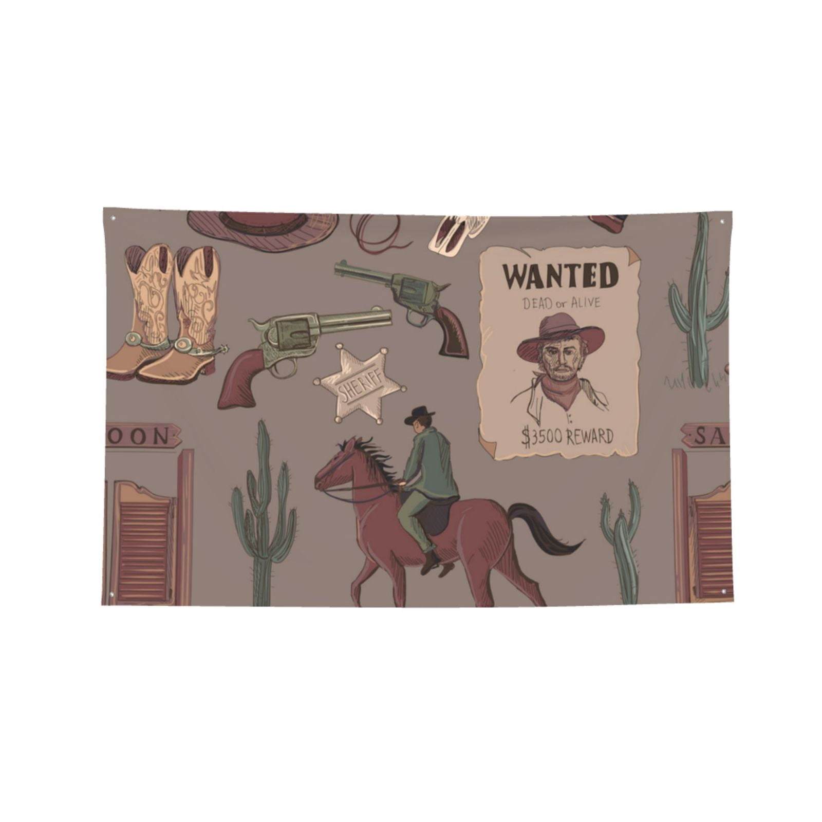 Wild West Wanted Poster Four Hole Decorated Banner Flag for Garden Yard Home Decoration Indoor Outdoor 4x6 Ft