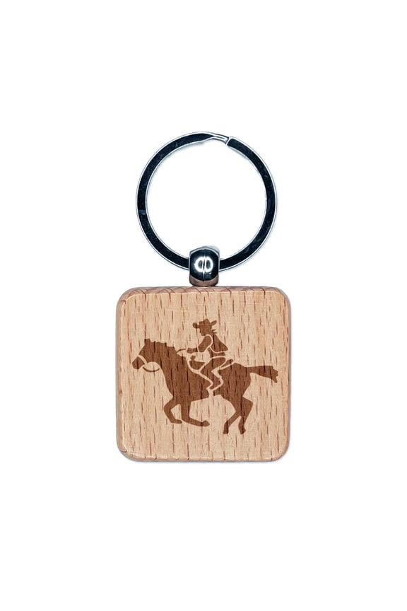 Wild Western Cowboy Riding on Horse Square Keychain Charm Tag - Engraved Wood