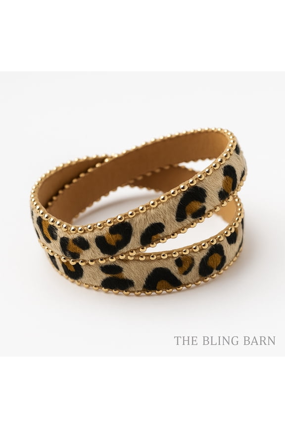 Wild Whisper Wrap Bracelet  Leopard Print Double Wrap with Gold Beaded Detail