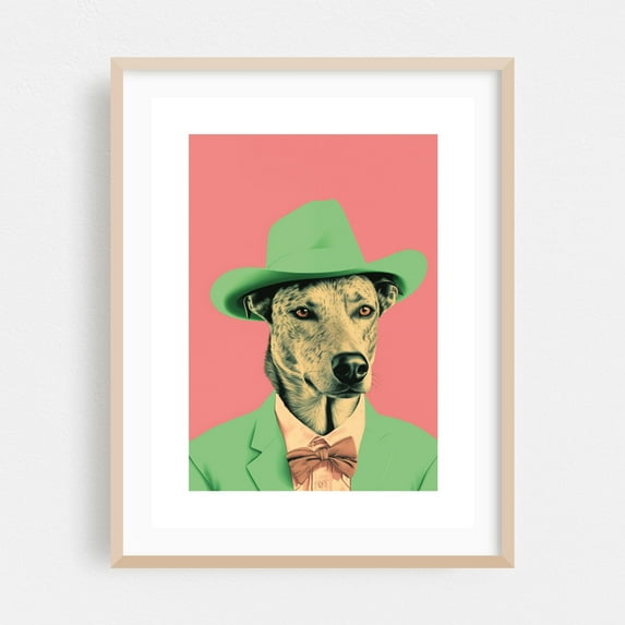 Wild Wild West 01 - Illustration Dog Pop Art Surrealism Humor Animal Fashion Oak Framed Wall Art Print 11 x 14 inches