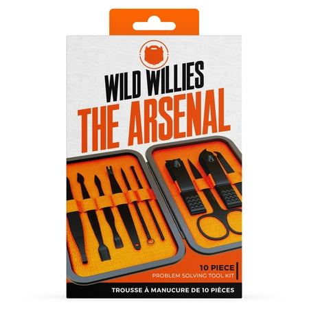 Wild Willies Arsenal Manicure and Pedicure Stainless Steel Men's Adult Grooming Kit, 10 Pieces, Black