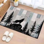 Wild Wolf 2x3 Washable Rug, Farmhouse Forest Trees Wood Grain Blue Grey Non-Slip Soft Doormat Area Rugs for Entrance Bathroom Bedsides, Front Doormat Carpet for Kitchen Bedroom, Entryway Floor Mat