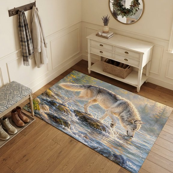 Wild Wolf Area Rugs 3'x5', Washable Small Throw Rugs for Living Room Bedroom, Animals Forest Creek Stone Natural Scenery Indoor Outdoor Rug Non-Slip Low Pile Carpet Runner Reversible Floor Mats