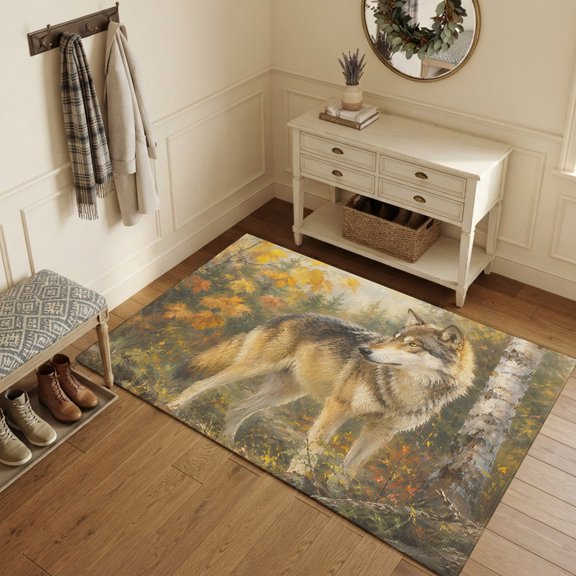 Wild Wolf Area Rugs 4'x6', Washable Small Throw Rugs for Office Bathroom, Fall Forest Wildlife Animals Maple Leaves Trees Indoor Outdoor Rug Non-Slip Low Pile Carpet Runner Reversible Floor Mats