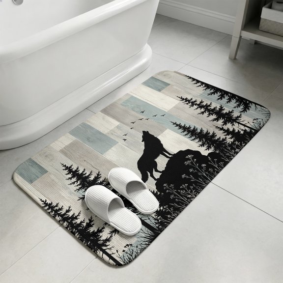 Wild Wolf Bathroom Rugs Non Slip Washable Bath Mat Absorbent Front Door Mat Farmhouse Forest Trees Wood Grain Blue Grey Indoor Doormat for Kitchen Entryway Shower Decor Accessories 15.7"x23.6"