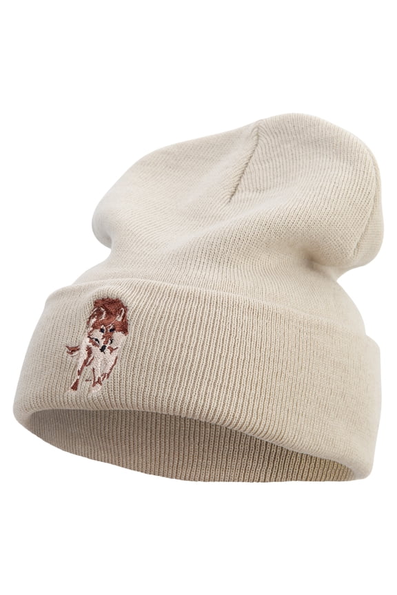 Wild Wolf Embroidered 12 Inch Long Knitted Beanie - Birch OSFM