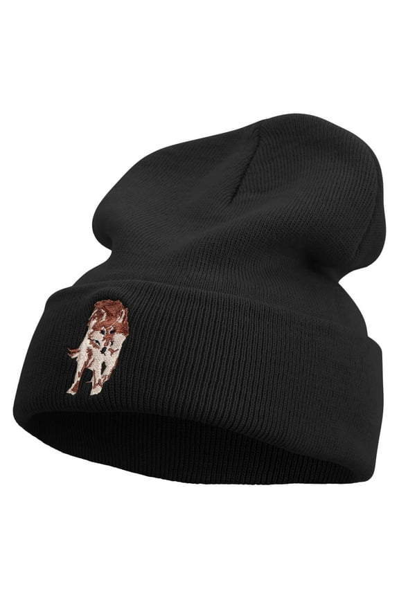 Wild Wolf Embroidered 12 Inch Long Knitted Beanie - Black OSFM