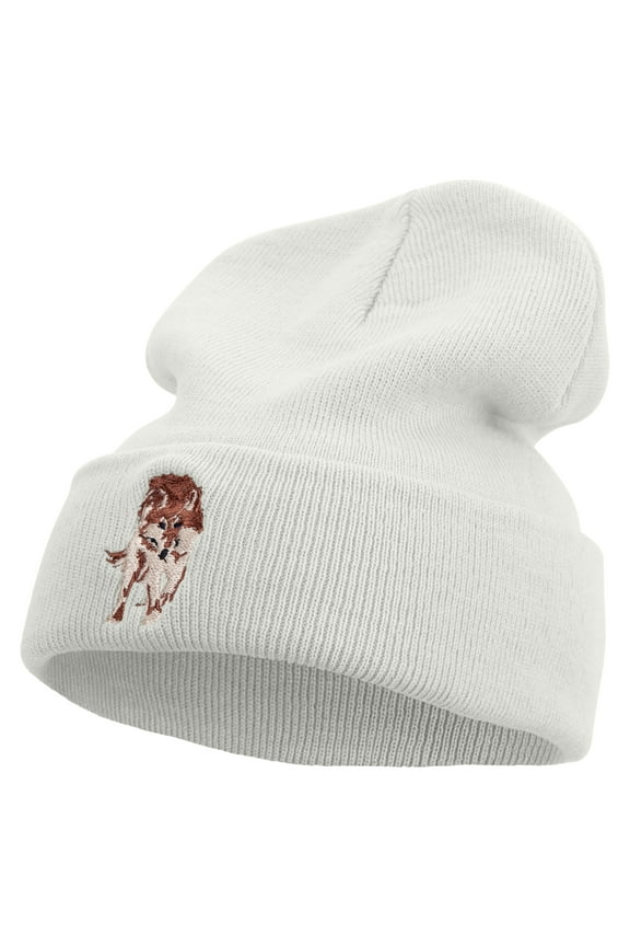 Wild Wolf Embroidered 12 Inch Long Knitted Beanie - White OSFM