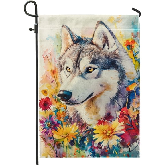 Wild Wolf Floral Spring Garden Flag 12 x 18 Inch Burlap Outdoor Decor