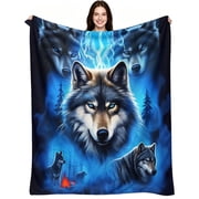Wild Wolf Forest Blue Glow Mysterious Animal Themed, Soft Warm Flannel Fleece, Rustic Aesthetic Animal, Throw Blanket, Cozy Warm, Home Decor, Couch Sofa Bed