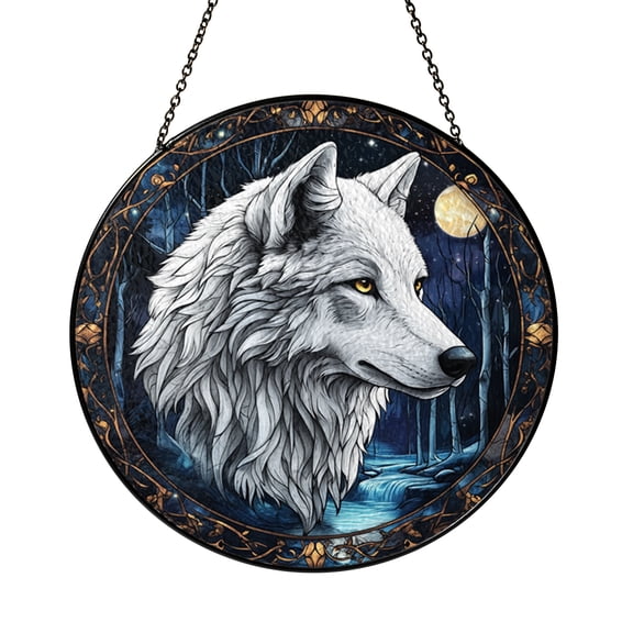 Wild Wolf Glass Suncatcher Window Decor, Moonlit Woodland Hanging Art